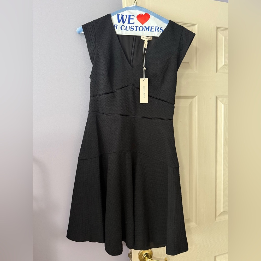 Rebecca Taylor Black A-Line Midi Dress with Flutter Cap Sleeves